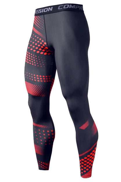 Black and red patterned compression leggings with 'Mission Compressport' branding on a white background.