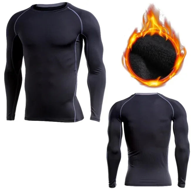 Black long-sleeve compression shirt with flame graphic on a white background