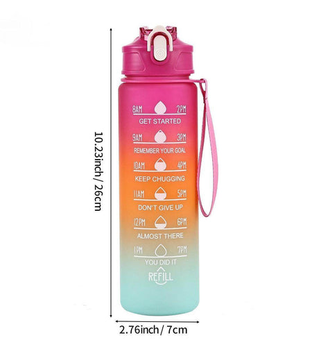Gradient water bottle with motivational phrases and measurements on a white background