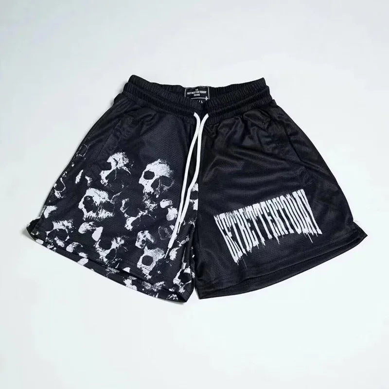 Black shorts with skull pattern and text on a white background