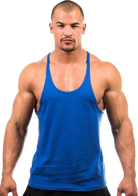 Man wearing a blue tank top on a white background