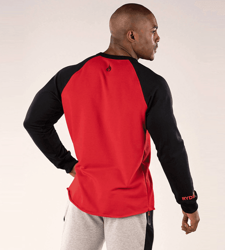 Person wearing a red and black long-sleeve shirt with 'Ryde' branding on a white background