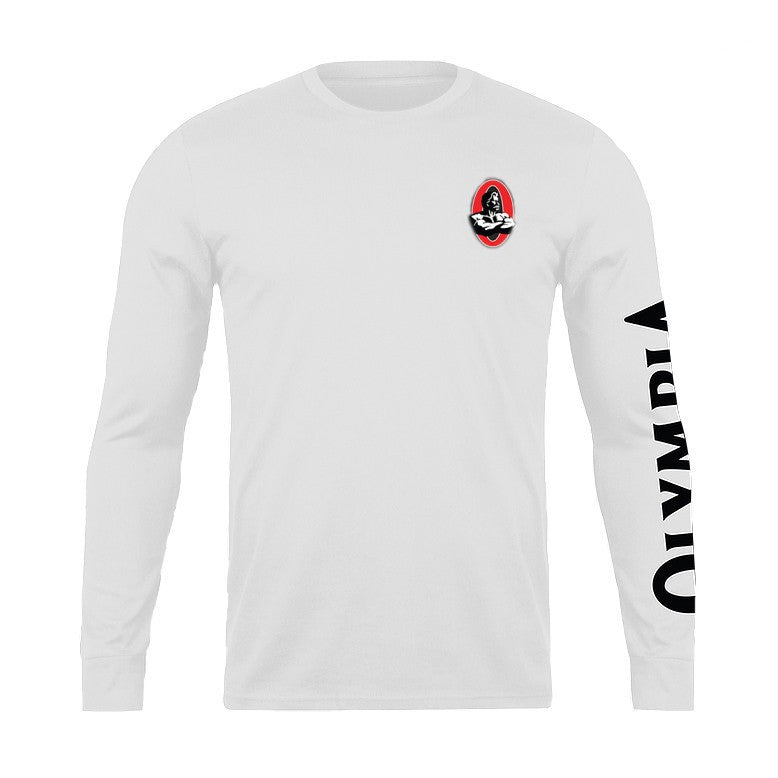 White long-sleeve shirt with a logo on the chest and text on the sleeve against a white background