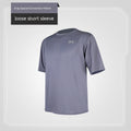 Gray short-sleeve shirt with a brand logo on a light gray background