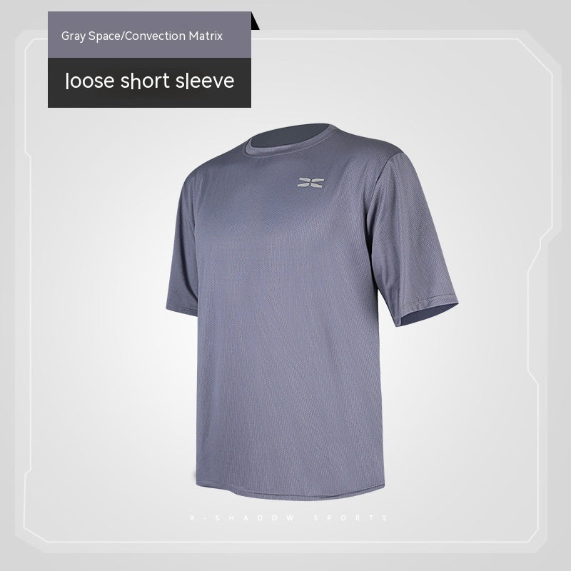 Gray short-sleeve shirt with a brand logo on a light gray background