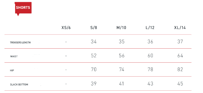 Measurement chart for pants with size labels and corresponding measurements.