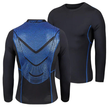 Black long-sleeve athletic shirt with blue mesh design on the back, shown from front and back views.
