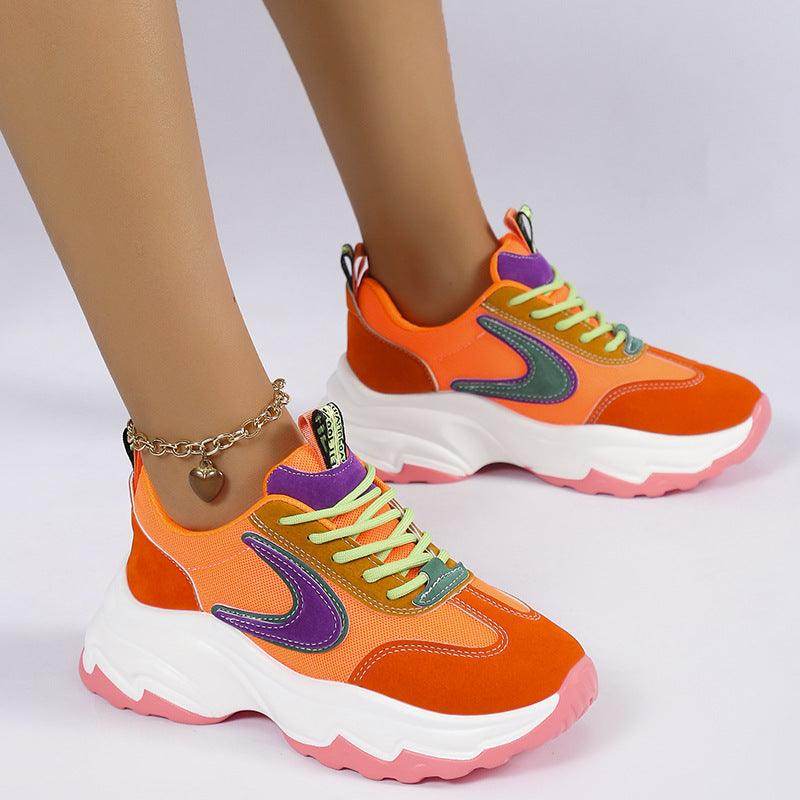 Mixed-Colour Lace-up Sneakers For Women Fashion Casual Lightweight Thick Bottom Running Sports Shoes - Anam Online