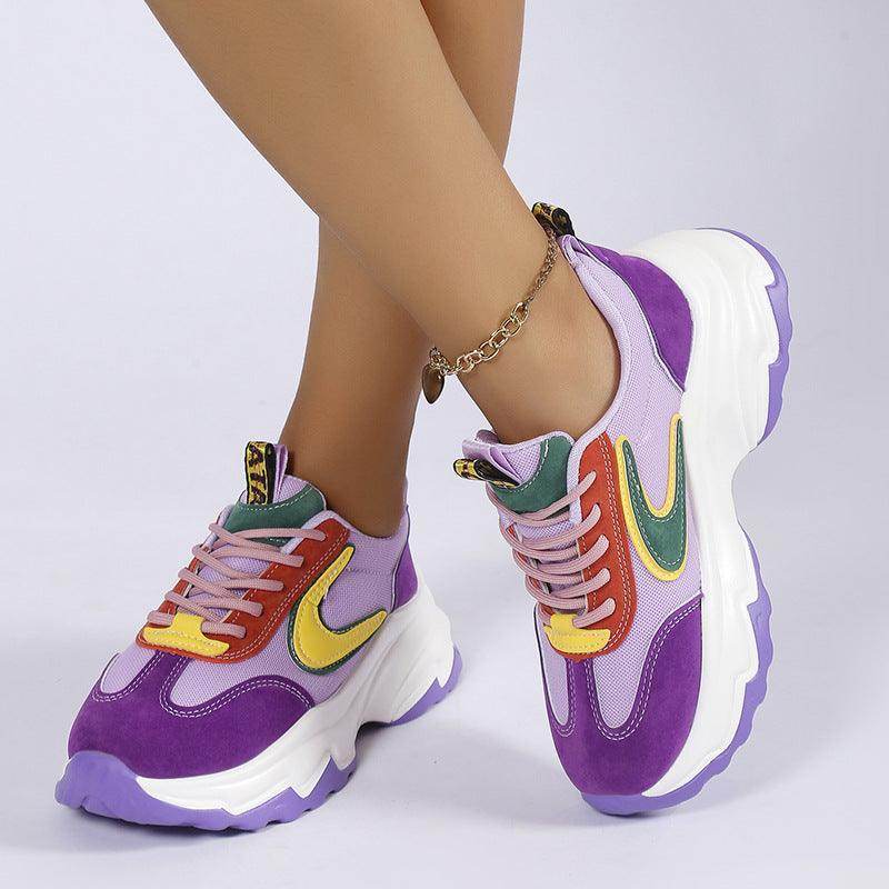 Mixed-Colour Lace-up Sneakers For Women Fashion Casual Lightweight Thick Bottom Running Sports Shoes - Anam Online