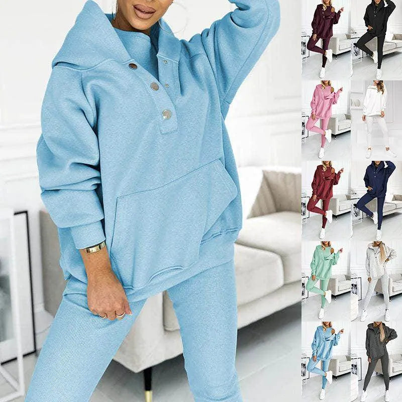 3pcs Women's Sports Suit Loose Hooded Pockets Sweatshirt And Vest And Slim Trousers - Anam Online