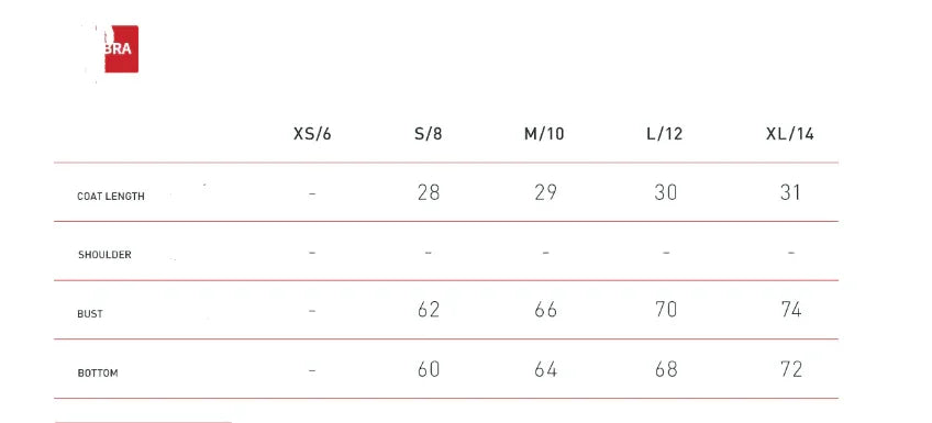 Measurement chart for clothing with size labels and dimensions on a white background