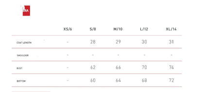 Measurement chart for clothing with size labels and dimensions on a white background