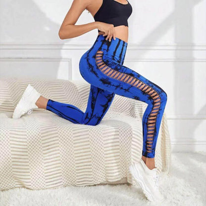 Hollow Tie Dye Printed Yoga Pants High Waist Butt Lift Seamless Sports Gym Fitness Leggings Slim Pants For Women Tight Trousers - Anam Online