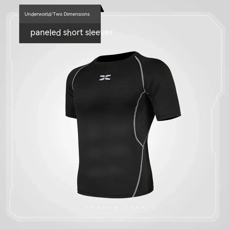 Black paneled short-sleeve shirt on a light gray background