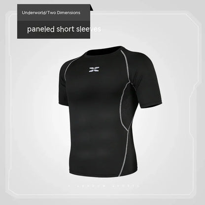 Black paneled short-sleeve shirt on a light gray background