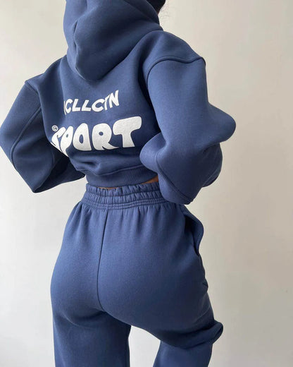 Long Sleeve Hooded Printed Sweater Trousers Suit - Anam Online