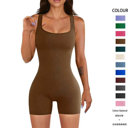 Women's Tight Ribbed Shorts Short Sleeve Yoga Jumpsuit - Anam Online