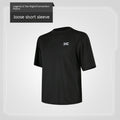 Black loose short-sleeve shirt with a logo on a gray background
