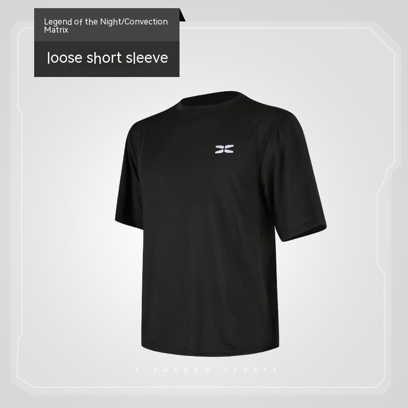 Black loose short-sleeve shirt with a logo on a gray background