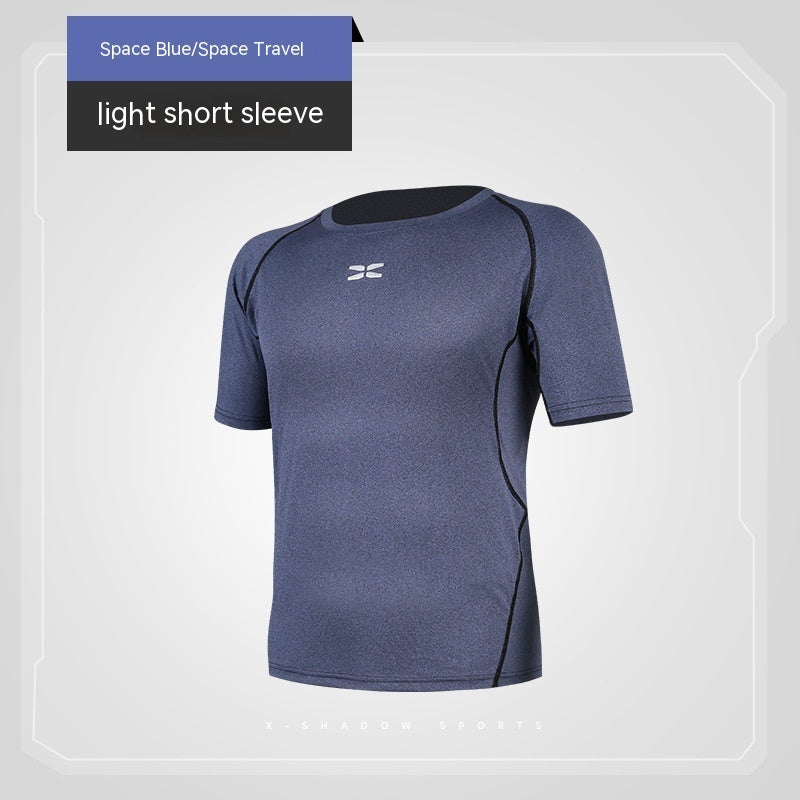Light short-sleeve shirt in space blue with a brand logo on a light gray background