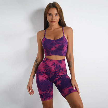 Women Tie-dye Print Yoga Suit Women Fitness Sports High Waist Trousers Or Shorts Set - Anam Online
