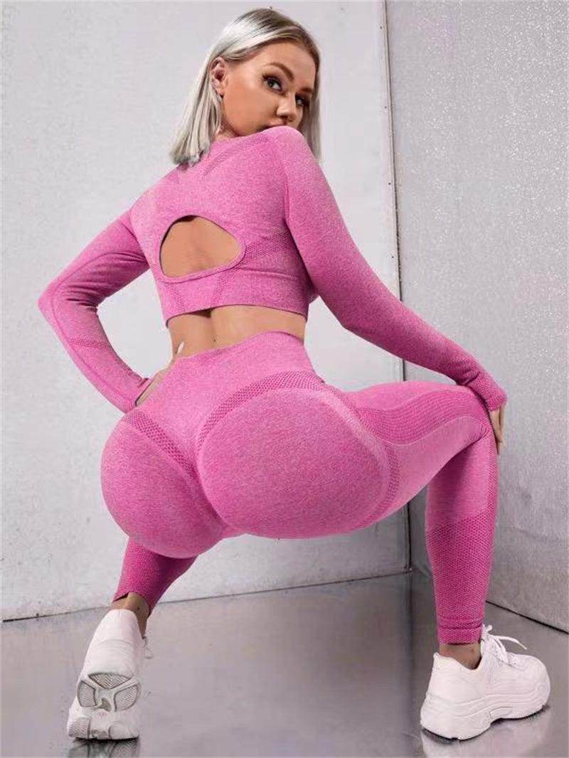 2pcs Sports Suits Long Sleeve Hollow Design Tops And Butt Lifting High Waist Seamless Fitness Leggings - Anam Online