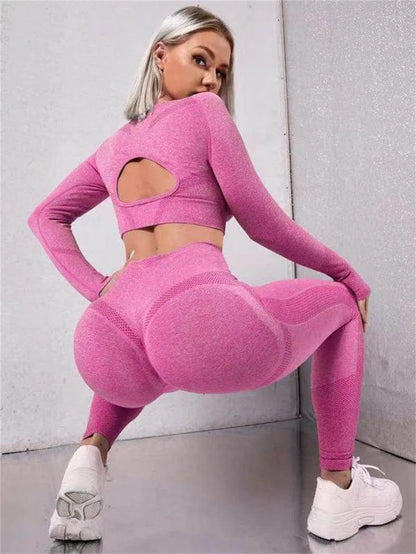 2pcs Sports Suits Long Sleeve Hollow Design Tops And Butt Lifting High Waist Seamless Fitness Leggings - Anam Online