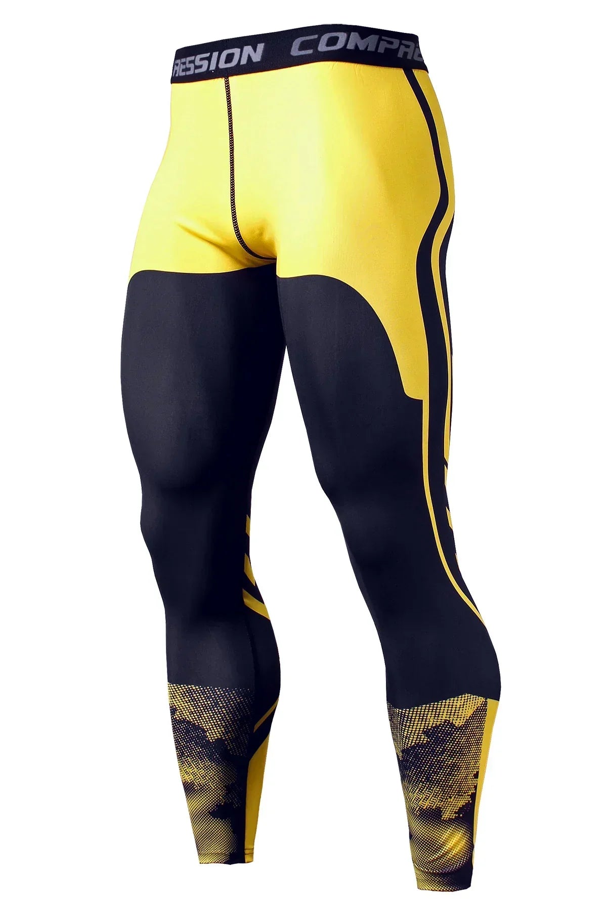 Black and yellow compression leggings with 'Design Compressport' branding on a white background