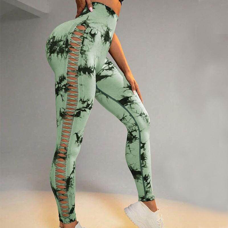 Hollow Tie Dye Printed Yoga Pants High Waist Butt Lift Seamless Sports Gym Fitness Leggings Slim Pants For Women Tight Trousers - Anam Online