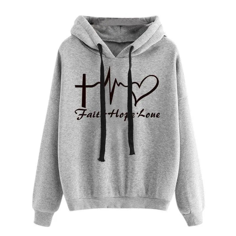 Gray hoodie with 'Faith Hope Love' text and symbols on a white background