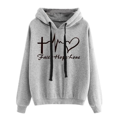 Gray hoodie with 'Faith Hope Love' text and symbols on a white background