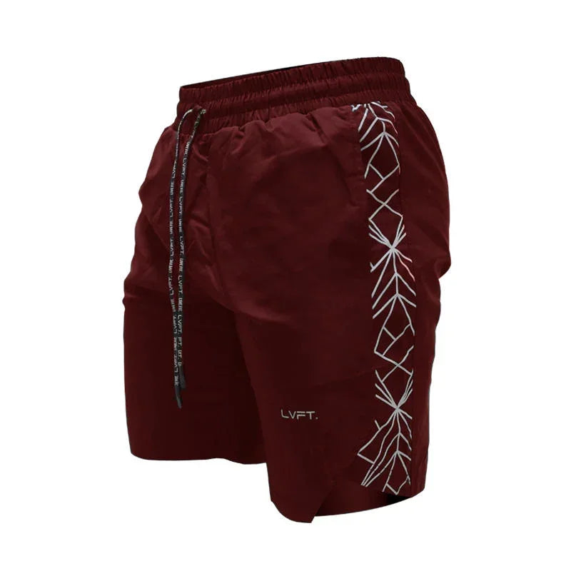 Maroon shorts with white geometric design on a white background