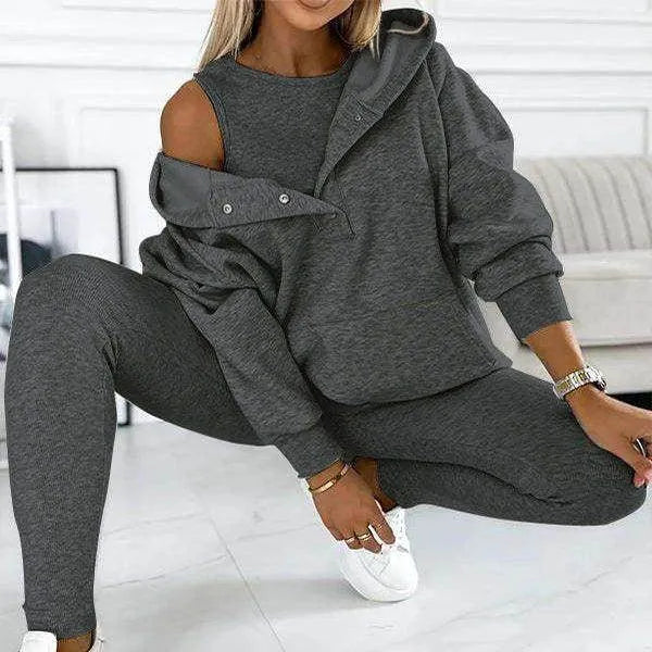 3pcs Women's Sports Suit Loose Hooded Pockets Sweatshirt And Vest And Slim Trousers - Anam Online