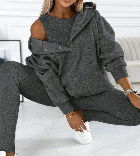 3pcs Women's Sports Suit Loose Hooded Pockets Sweatshirt And Vest And Slim Trousers - Anam Online