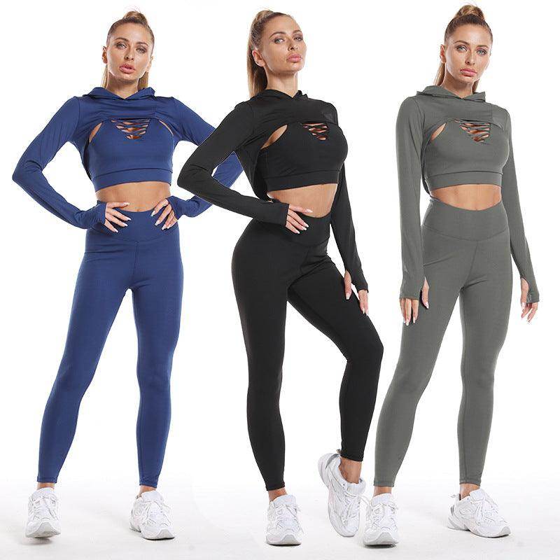 3pcs Sports Suits Long Sleeve Hooded Top Hollow Design Camisole And Butt Lifting High Waist - Anam Online