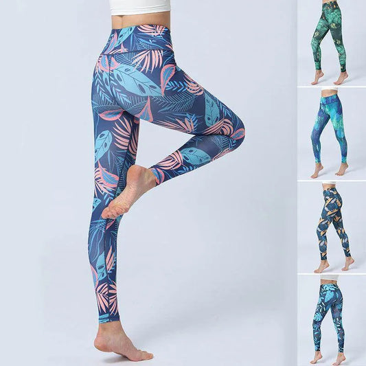 Colorful patterned leggings being worn on a white background with additional images of the leggings.