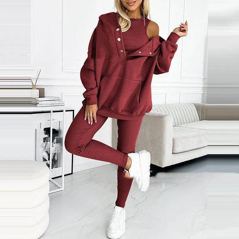 3pcs Women's Sports Suit Loose Hooded Pockets Sweatshirt And Vest And Slim Trousers - Anam Online