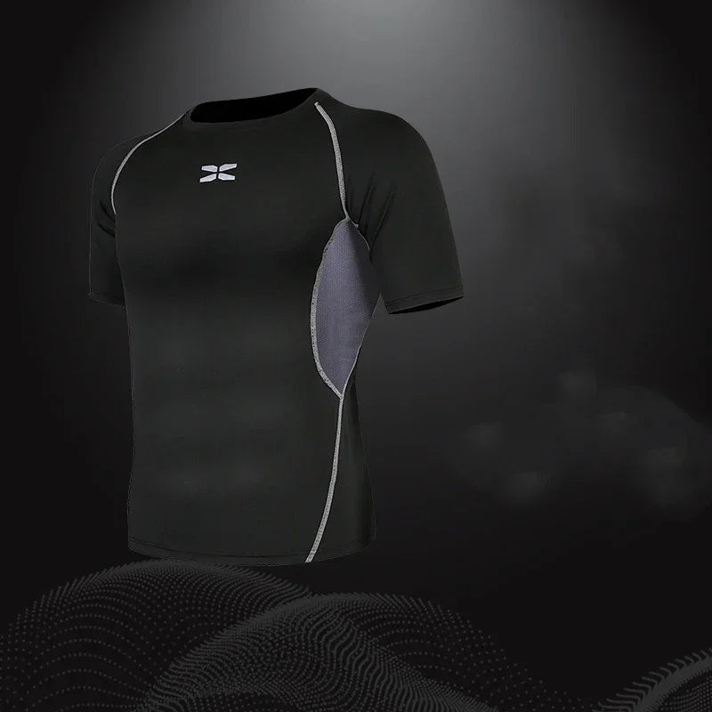 Black athletic shirt with a logo on a dark background