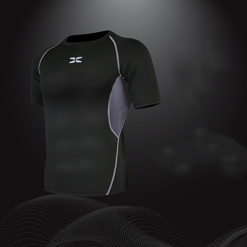 Black athletic shirt with a logo on a dark background