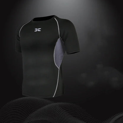 Black athletic shirt with a logo on a dark background