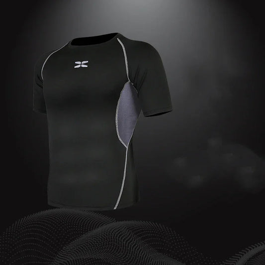 Black athletic shirt with a logo on a dark background