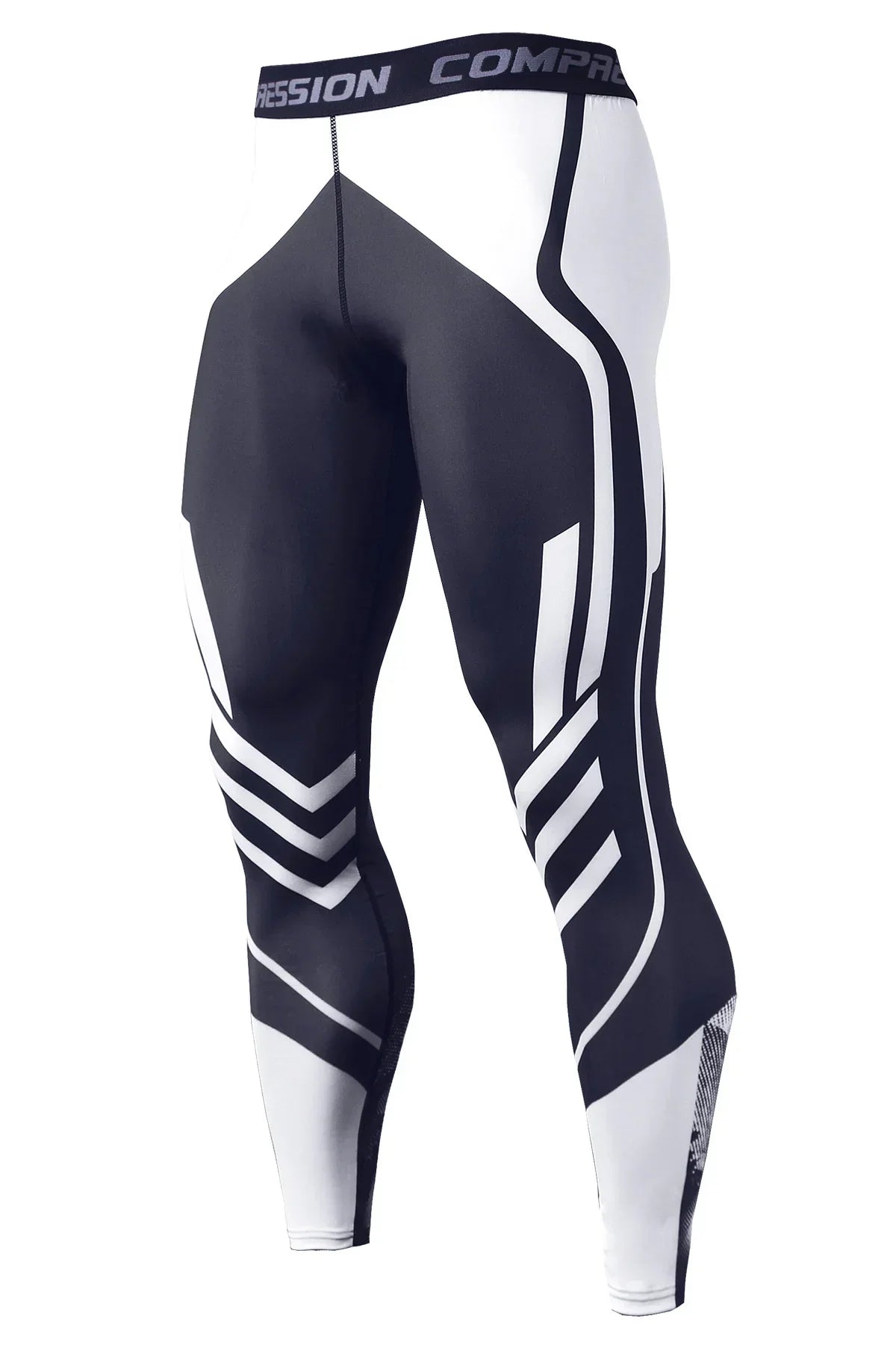 Black and white compression leggings with visible branding on a white background