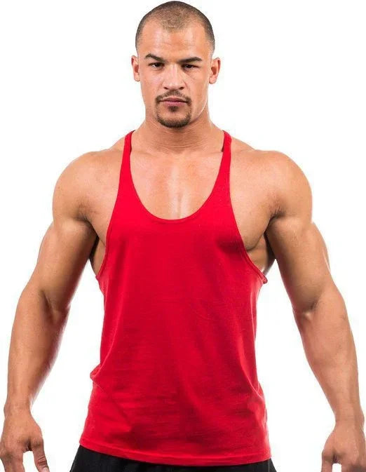 Man wearing a red tank top on a white background