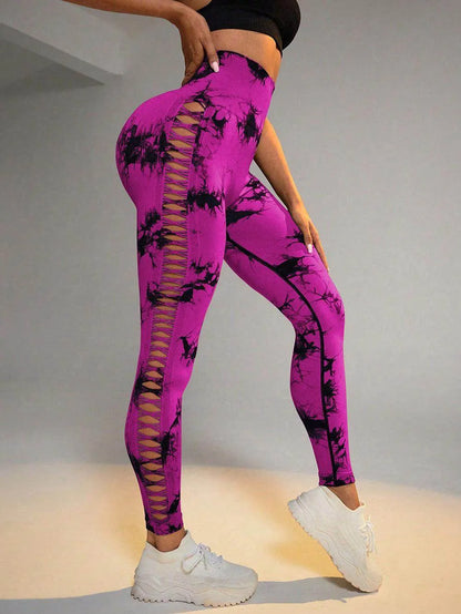 Hollow Tie Dye Printed Yoga Pants High Waist Butt Lift Seamless Sports Gym Fitness Leggings Slim Pants For Women Tight Trousers - Anam Online