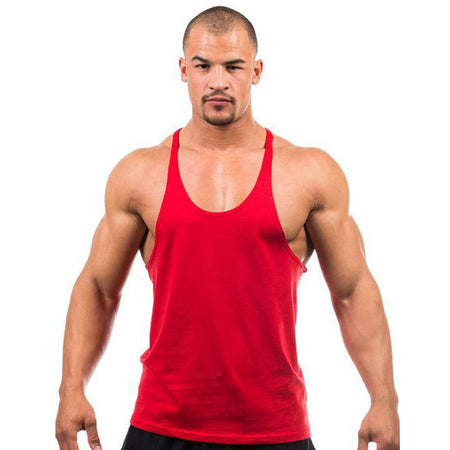 Man wearing a red tank top on a white background