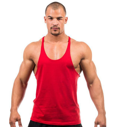 Man wearing a red tank top on a white background