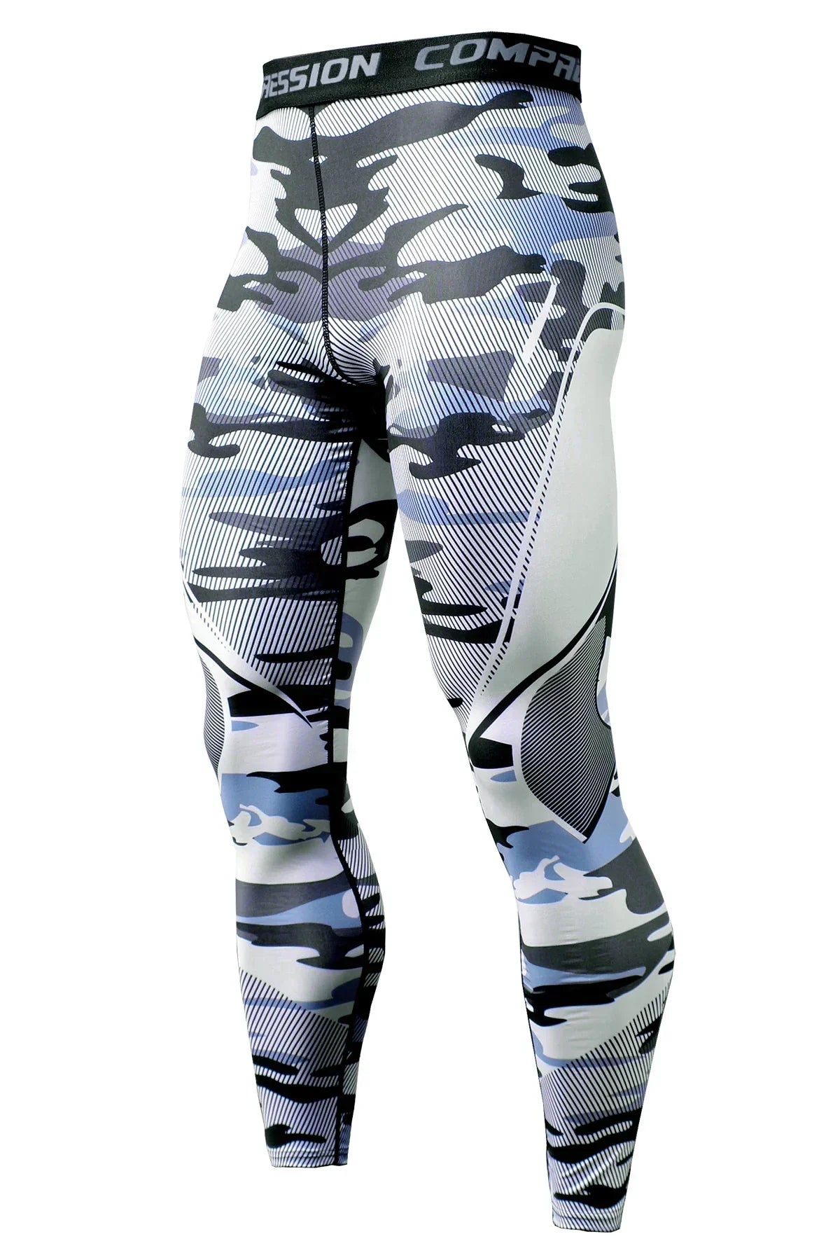 Camouflage compression leggings with 'Mission Compress' waistband on a white background