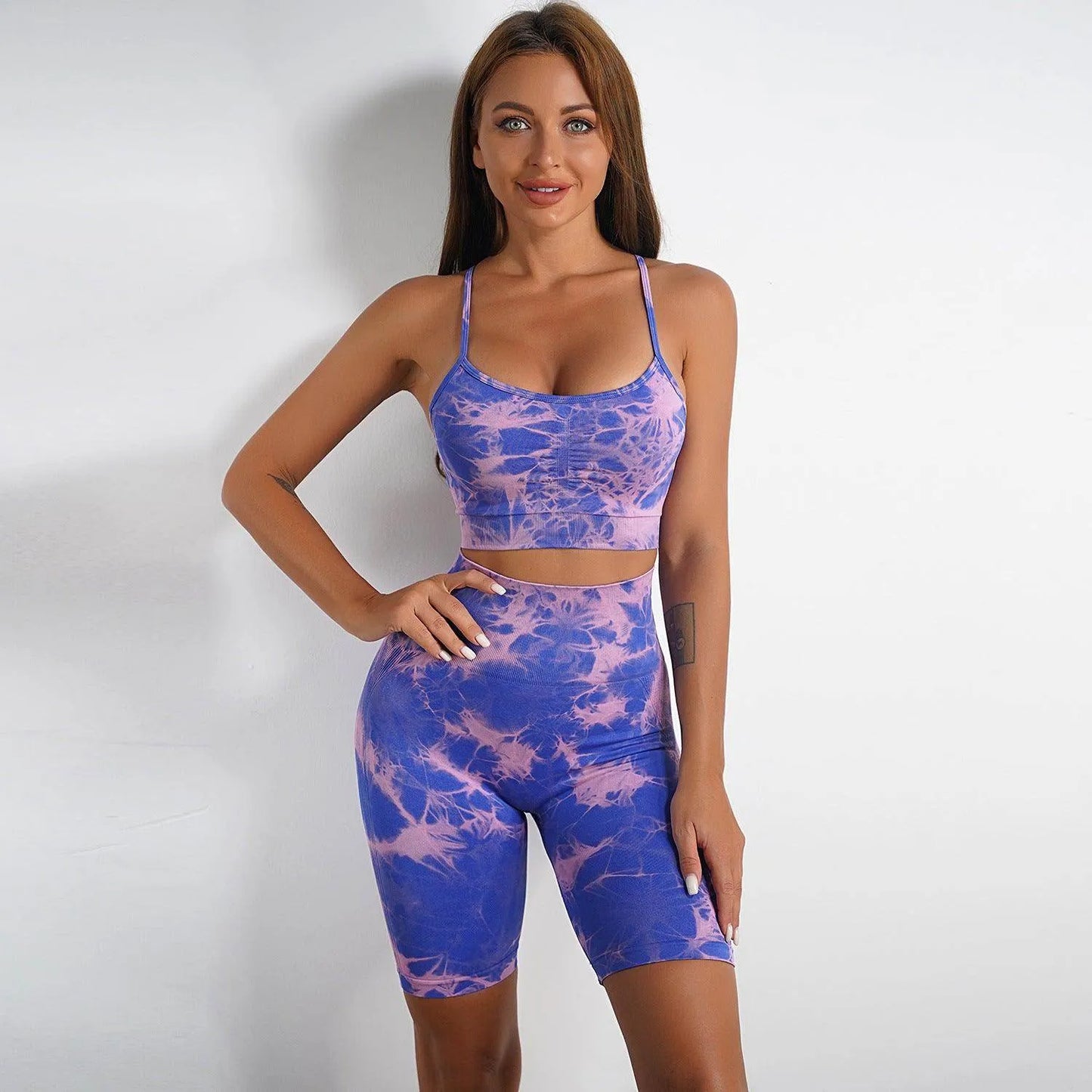 Women Tie-dye Print Yoga Suit Women Fitness Sports High Waist Trousers Or Shorts Set - Anam Online