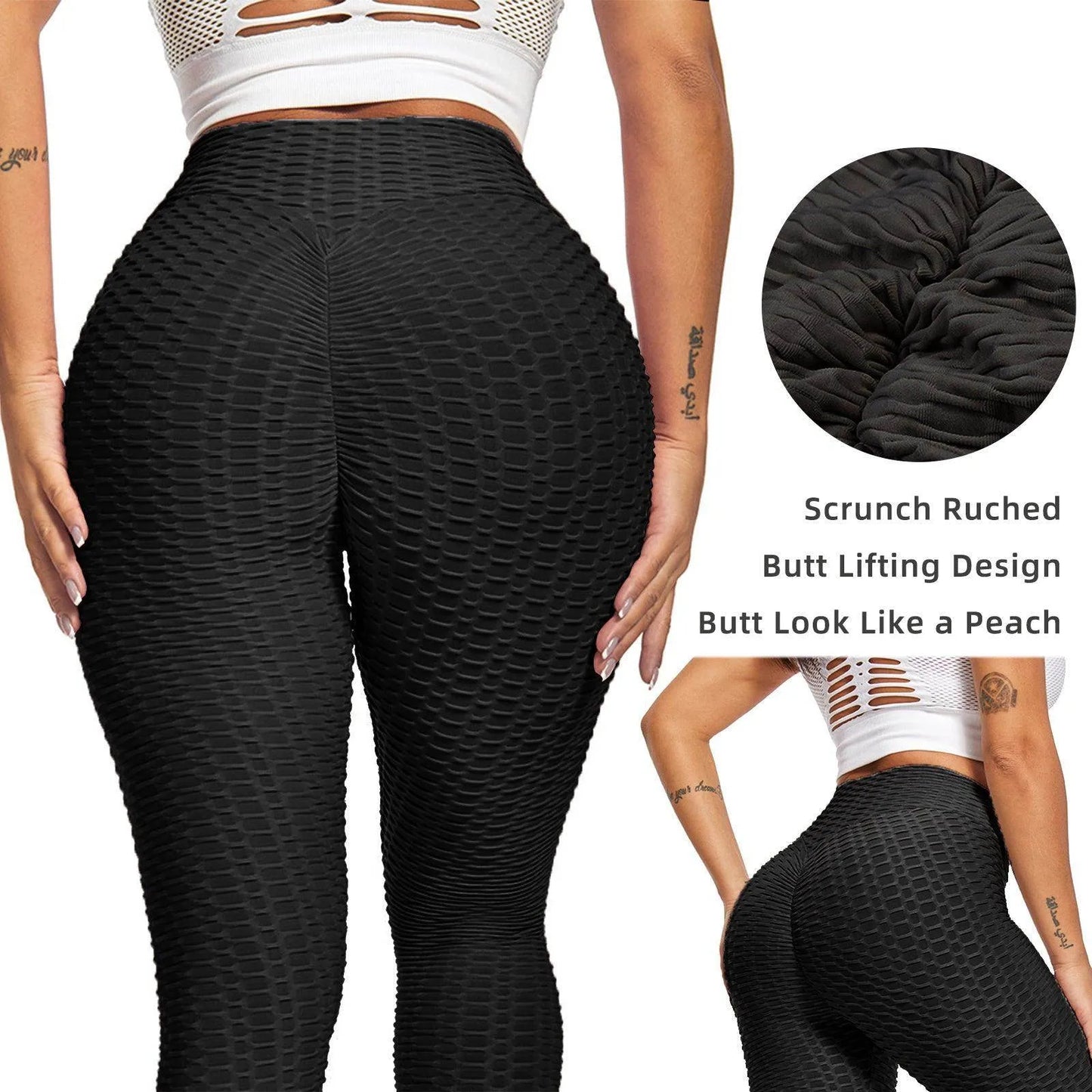 Women Leggings Bubble Textured Leggings Butt Lifting Yoga Pants Black - Anam Online