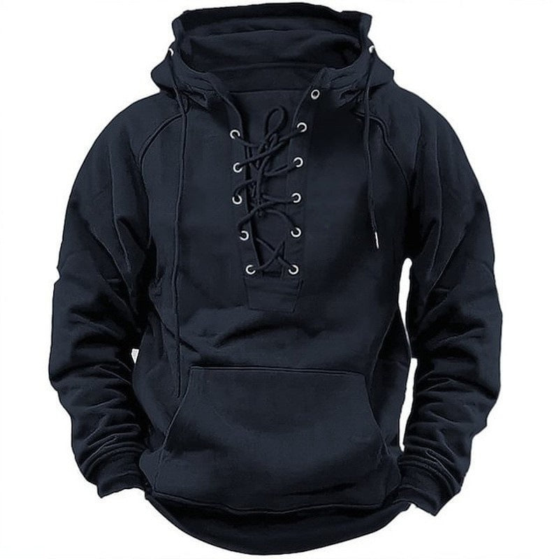 Black hoodie with lace-up front on a white background